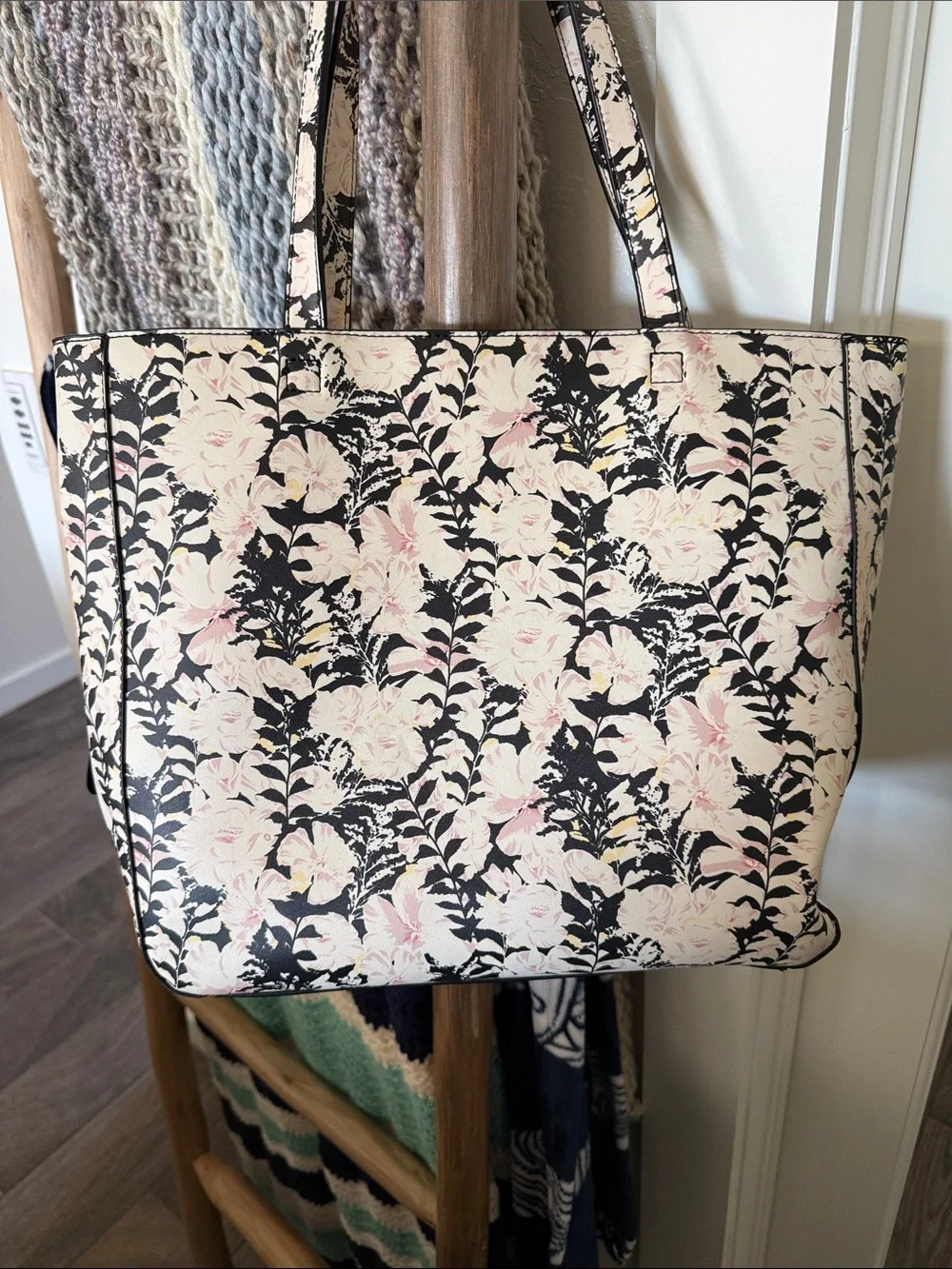 Karl Lagerfeld Black and Pink Floral Tote with Signature Bow